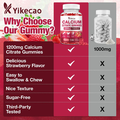 Calcium Citrat Gummies 1200mg – Calcium Gummies für Frauen & Männer mit Vitamin D3, K2, Magnesium, Zink, Kalium – Erdbeergeschmack, 60 Stück