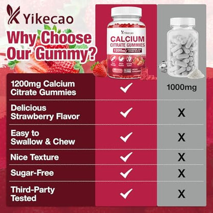 Calcium Citrat Gummies 1200mg – Calcium Gummies für Frauen & Männer mit Vitamin D3, K2, Magnesium, Zink, Kalium – Erdbeergeschmack, 60 Stück