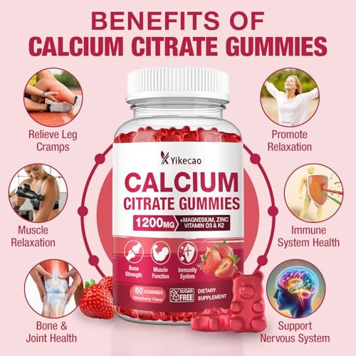 Calcium Citrat Gummies 1200mg – Calcium Gummies für Frauen & Männer mit Vitamin D3, K2, Magnesium, Zink, Kalium – Erdbeergeschmack, 60 Stück