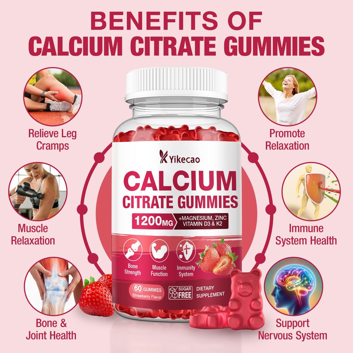 Calcium Citrat Gummies 1200mg – Calcium Gummies für Frauen & Männer mit Vitamin D3, K2, Magnesium, Zink, Kalium – Erdbeergeschmack, 60 Stück