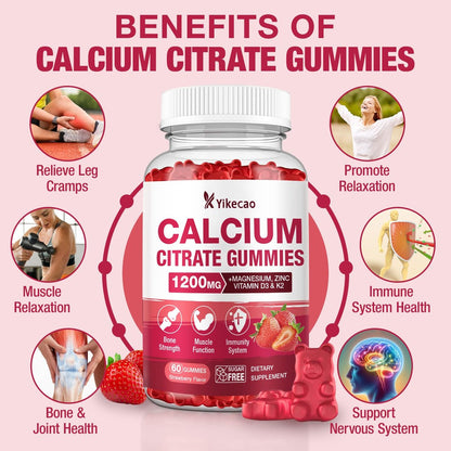 Calcium Citrat Gummies 1200mg – Calcium Gummies für Frauen & Männer mit Vitamin D3, K2, Magnesium, Zink, Kalium – Erdbeergeschmack, 60 Stück
