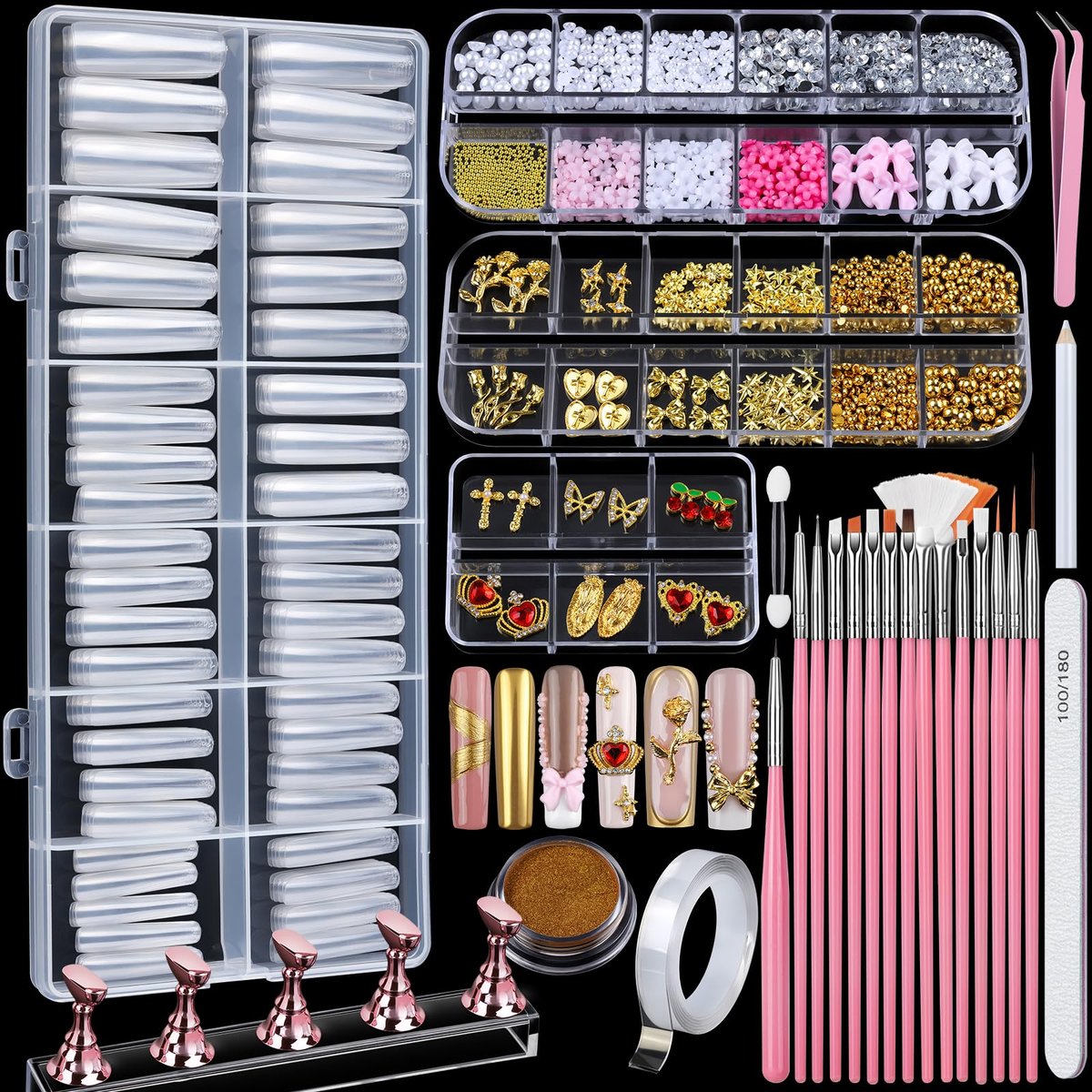 Teenitor Quadratische Nagelspitzen mit Nagelverzierungen und Nagelkunstpinseln, 240-teiliges XXL-Kunstnagel-Set mit Nagelständer, Klare Acryl-Nagelspitzen, Lange Gel-Nägel, Volle Abdeckung