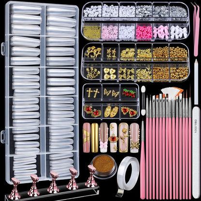 Teenitor Quadratische Nagelspitzen mit Nagelverzierungen und Nagelkunstpinseln, 240-teiliges XXL-Kunstnagel-Set mit Nagelständer, Klare Acryl-Nagelspitzen, Lange Gel-Nägel, Volle Abdeckung
