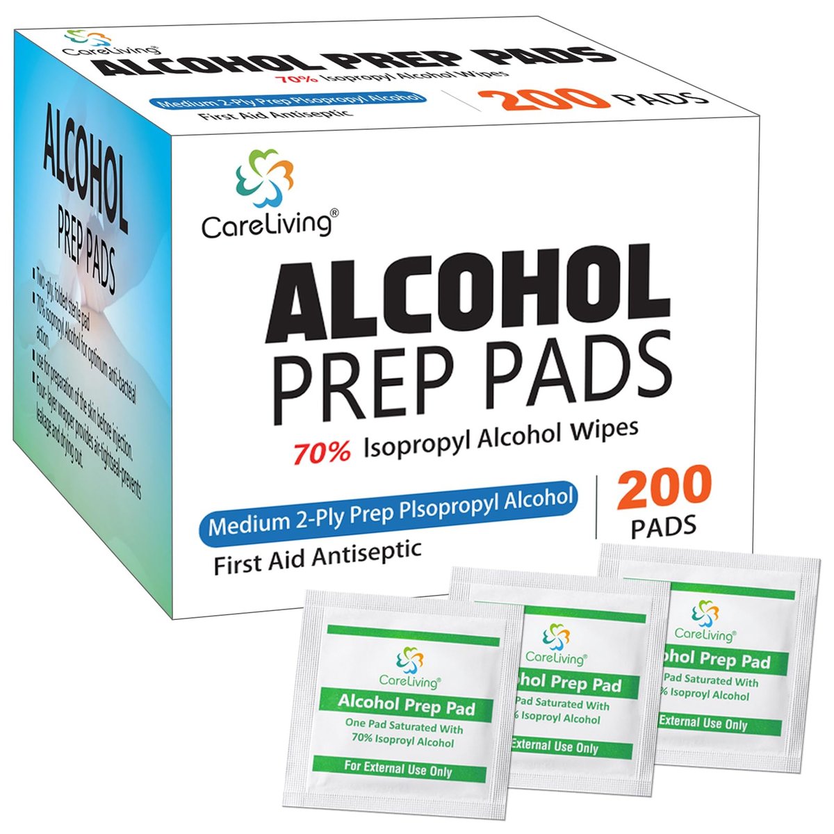 CareLiving Alkoholtupfer mit 70% Isopropylalkohol, 200 Stück, medizinische Qualität, einzeln verpackt, Einweg, 2-lagig