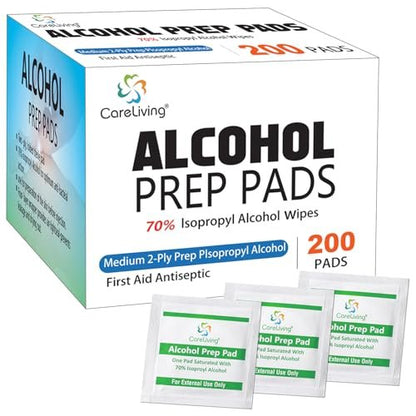 CareLiving Alkoholtupfer mit 70% Isopropylalkohol, 200 Stück, medizinische Qualität, einzeln verpackt, Einweg, 2-lagig