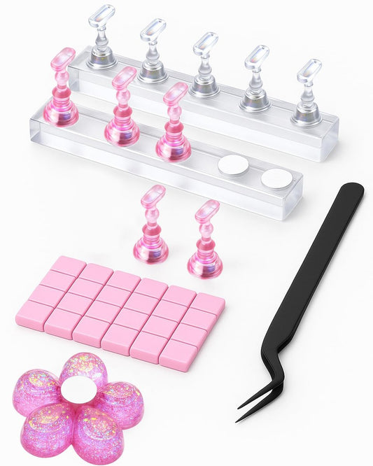 Nagelständer für Press-On-Nägel – 2 Sets Acryl-Nagelhalter für Nagelkunst-Übungen, 10 Nagelständer, 60 Stück wiederverwendbarer Putty, Blumenförmige Basis & Pinzette, Nagelkunst-Werkzeugset für Salon & Zuhause