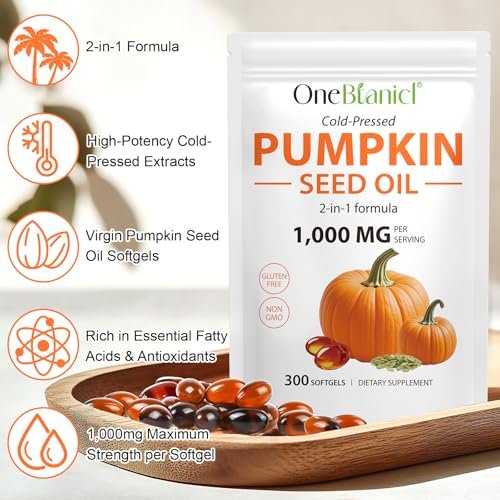 Kürbiskernöl mit Sägepalme, 1000 mg pro Portion, 300 Weichkapseln – Kaltgepresstes Kürbiskernöl für Haar, Prostata, Blase & Harnwege – Nicht-GVO, Glutenfrei, Rein & Natürlich