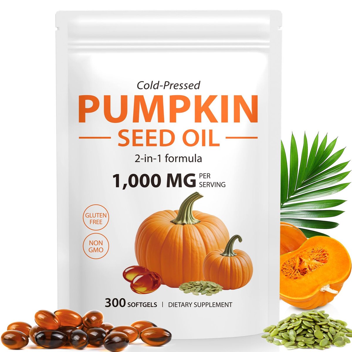 Kürbiskernöl mit Sägepalme, 1000 mg pro Portion, 300 Weichkapseln – Kaltgepresstes Kürbiskernöl für Haar, Prostata, Blase & Harnwege – Nicht-GVO, Glutenfrei, Rein & Natürlich
