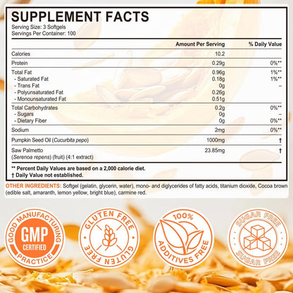 Kürbiskernöl mit Sägepalme, 1000 mg pro Portion, 300 Weichkapseln – Kaltgepresstes Kürbiskernöl für Haar, Prostata, Blase & Harnwege – Nicht-GVO, Glutenfrei, Rein & Natürlich