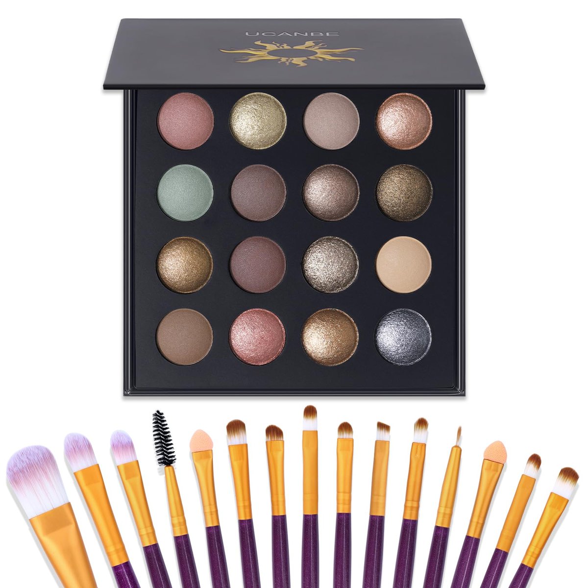 UCANBE 16 Farben gebackene Lidschattenpalette mit 15 Pinseln Make-up-Set, Matt & Schimmer Lidschatten für Frauen & Mädchen, hochpigmentiert, langanhaltend, wasserfest