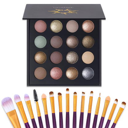 UCANBE 16 Farben gebackene Lidschattenpalette mit 15 Pinseln Make-up-Set, Matt & Schimmer Lidschatten für Frauen & Mädchen, hochpigmentiert, langanhaltend, wasserfest