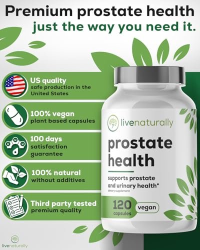livenaturally Prostata-Gesundheit Nahrungsergänzungsmittel für Männer, Fortschrittliche Formel mit Sägepalme, Kürbiskern, Brennnesselwurzel, Zink, Selen und Vitamin E, 120 Kapseln, Unterstützung für Harnwege und Prostata