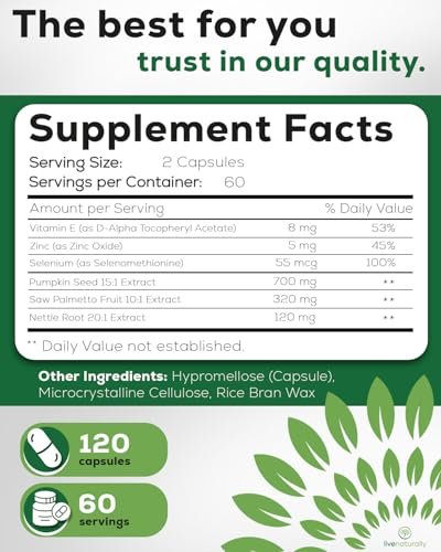 livenaturally Prostata-Gesundheit Nahrungsergänzungsmittel für Männer, Fortschrittliche Formel mit Sägepalme, Kürbiskern, Brennnesselwurzel, Zink, Selen und Vitamin E, 120 Kapseln, Unterstützung für Harnwege und Prostata