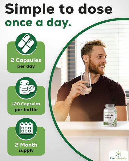 livenaturally Prostata-Gesundheit Nahrungsergänzungsmittel für Männer, Fortschrittliche Formel mit Sägepalme, Kürbiskern, Brennnesselwurzel, Zink, Selen und Vitamin E, 120 Kapseln, Unterstützung für Harnwege und Prostata