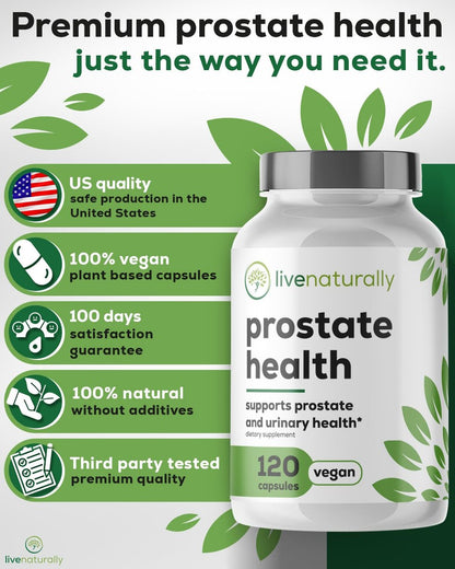 livenaturally Prostata-Gesundheit Nahrungsergänzungsmittel für Männer, Fortschrittliche Formel mit Sägepalme, Kürbiskern, Brennnesselwurzel, Zink, Selen und Vitamin E, 120 Kapseln, Unterstützung für Harnwege und Prostata