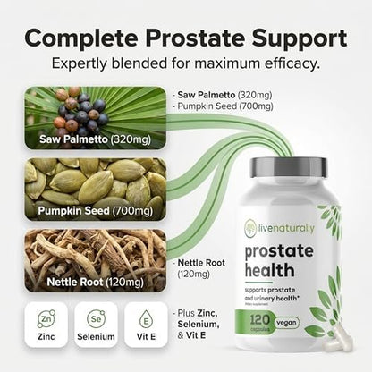 livenaturally Prostata-Gesundheit Nahrungsergänzungsmittel für Männer, Fortschrittliche Formel mit Sägepalme, Kürbiskern, Brennnesselwurzel, Zink, Selen und Vitamin E, 120 Kapseln, Unterstützung für Harnwege und Prostata