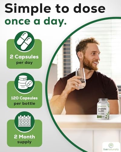 livenaturally Prostata-Gesundheit Nahrungsergänzungsmittel für Männer, Fortschrittliche Formel mit Sägepalme, Kürbiskern, Brennnesselwurzel, Zink, Selen und Vitamin E, 120 Kapseln, Unterstützung für Harnwege und Prostata