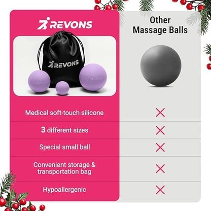 REVONS 3-in-1 Massageball-Set – Lacrosse Bälle für myofasziale Entspannung, Rückenschmerzen, Gesichtsfitness, Triggerpunkte, Yoga, Physiotherapie, Muskelregeneration und Tiefengewebsmassage (Lila)