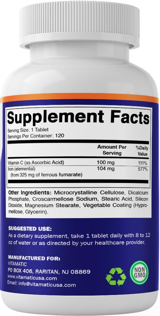 Vitamatic Eisenpräparat mit Ferrofumarat 325 mg + Vitamin C 100 mg – Hochdosiertes Eisen (104 mg elementares Eisen) – Magenfreundlich, 120 überzogene Tabletten, Hergestellt in den USA