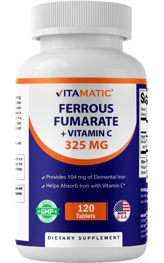 Vitamatic Eisenpräparat mit Ferrofumarat 325 mg + Vitamin C 100 mg – Hochdosiertes Eisen (104 mg elementares Eisen) – Magenfreundlich, 120 überzogene Tabletten, Hergestellt in den USA
