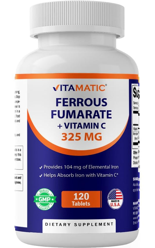 Vitamatic Eisenpräparat mit Ferrofumarat 325 mg + Vitamin C 100 mg – Hochdosiertes Eisen (104 mg elementares Eisen) – Magenfreundlich, 120 überzogene Tabletten, Hergestellt in den USA