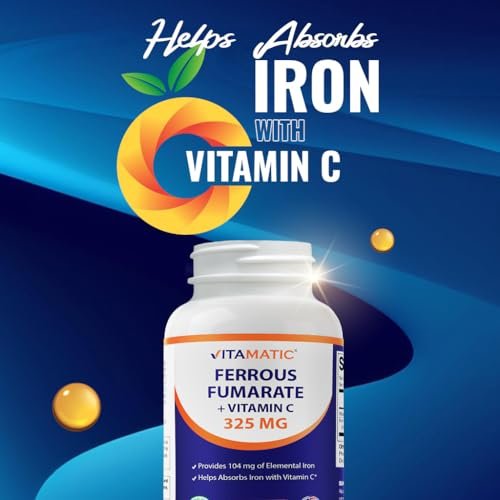Vitamatic Eisenpräparat mit Ferrofumarat 325 mg + Vitamin C 100 mg – Hochdosiertes Eisen (104 mg elementares Eisen) – Magenfreundlich, 120 überzogene Tabletten, Hergestellt in den USA