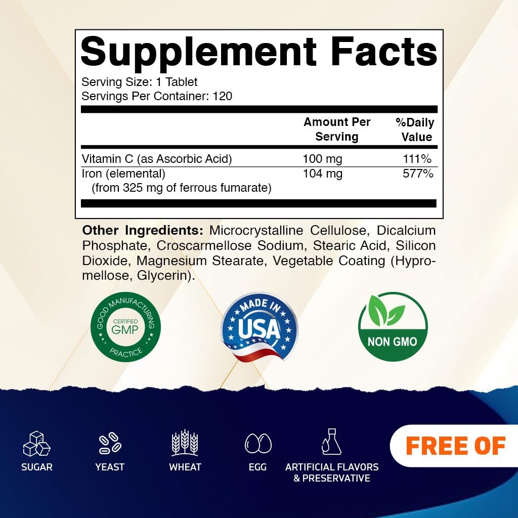 Vitamatic Eisenpräparat mit Ferrofumarat 325 mg + Vitamin C 100 mg – Hochdosiertes Eisen (104 mg elementares Eisen) – Magenfreundlich, 120 überzogene Tabletten, Hergestellt in den USA