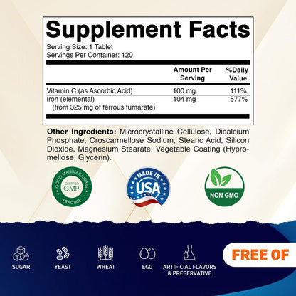 Vitamatic Eisenpräparat mit Ferrofumarat 325 mg + Vitamin C 100 mg – Hochdosiertes Eisen (104 mg elementares Eisen) – Magenfreundlich, 120 überzogene Tabletten, Hergestellt in den USA