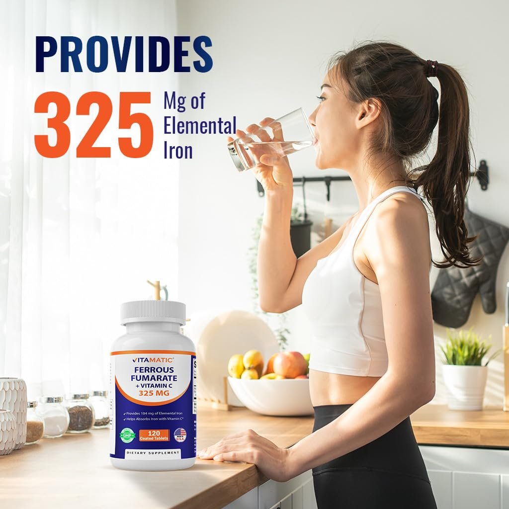 Vitamatic Eisenpräparat mit Ferrofumarat 325 mg + Vitamin C 100 mg – Hochdosiertes Eisen (104 mg elementares Eisen) – Magenfreundlich, 120 überzogene Tabletten, Hergestellt in den USA