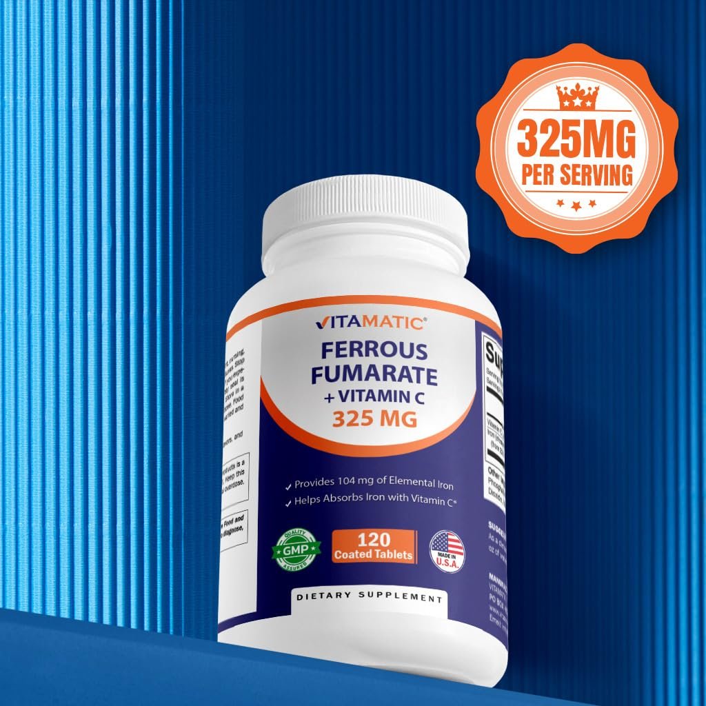 Vitamatic Eisenpräparat mit Ferrofumarat 325 mg + Vitamin C 100 mg – Hochdosiertes Eisen (104 mg elementares Eisen) – Magenfreundlich, 120 überzogene Tabletten, Hergestellt in den USA