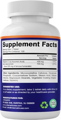 Vitamatic Eisenpräparat mit Ferrofumarat 325 mg + Vitamin C 100 mg – Hochdosiertes Eisen (104 mg elementares Eisen) – Magenfreundlich, 120 überzogene Tabletten, Hergestellt in den USA