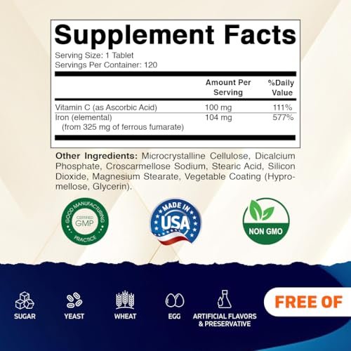 Vitamatic Eisenpräparat mit Ferrofumarat 325 mg + Vitamin C 100 mg – Hochdosiertes Eisen (104 mg elementares Eisen) – Magenfreundlich, 120 überzogene Tabletten, Hergestellt in den USA
