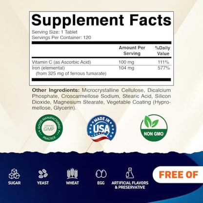 Vitamatic Eisenpräparat mit Ferrofumarat 325 mg + Vitamin C 100 mg – Hochdosiertes Eisen (104 mg elementares Eisen) – Magenfreundlich, 120 überzogene Tabletten, Hergestellt in den USA
