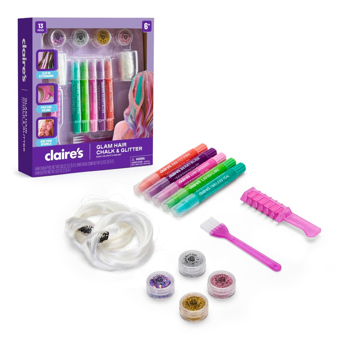 Claire's Haar Kreide & Glitzer Styling Set, 13-teiliges temporäres Haarfarben-Set mit auswaschbaren Kreidestiften, Glitzergelen, Clip-in-Extensions & Werkzeugen, Mädchenspielzeug & Beauty-Aktivität, Mode-Bastelgeschenk ab 6 Jahren
