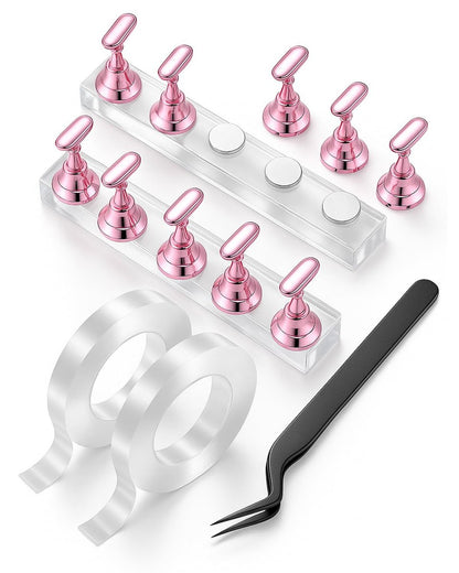 Nagel-Ständer-Set für Nagelkunst-Übung & Präsentation – Komplettes Acryl-Nagelhalter-Kit mit Pinzette und doppelseitigem Klebeband, falscher Nagel- und Press-On-Nagel-Übungsständer für Heim-DIY und Salon