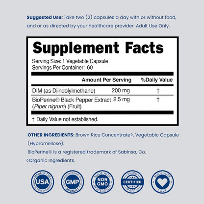 DIM Supplement für Frauen & Männer (Diindolylmethan Östrogenblocker, Hormonelle Aknebehandlung, Hormonbalance) - 200 mg pro Portion, Vegan, Glutenfrei, USA-Herstellung (60 Kapseln)