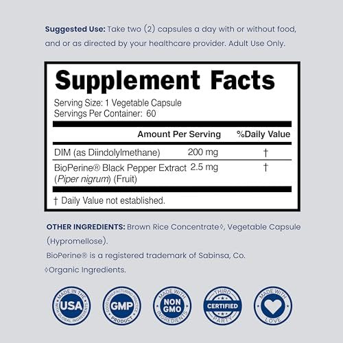 DIM Supplement für Frauen & Männer (Diindolylmethan Östrogenblocker, Hormonelle Aknebehandlung, Hormonbalance) - 200 mg pro Portion, Vegan, Glutenfrei, USA-Herstellung (60 Kapseln)