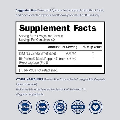DIM Supplement für Frauen & Männer (Diindolylmethan Östrogenblocker, Hormonelle Aknebehandlung, Hormonbalance) - 200 mg pro Portion, Vegan, Glutenfrei, USA-Herstellung (60 Kapseln)