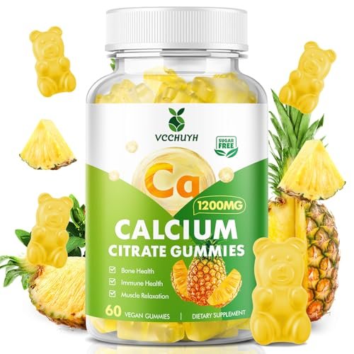 VCCHUYH Calcium Citrate Gummies 1200 mg – Zuckerfreie Calcium Gummies für Erwachsene & Kinder, Kauenzyme Calcium Ergänzung für Frauen, Knochen & Immununterstützung, Ananasgeschmack, 60 Stück