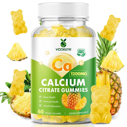 VCCHUYH Calcium Citrate Gummies 1200 mg – Zuckerfreie Calcium Gummies für Erwachsene & Kinder, Kauenzyme Calcium Ergänzung für Frauen, Knochen & Immununterstützung, Ananasgeschmack, 60 Stück