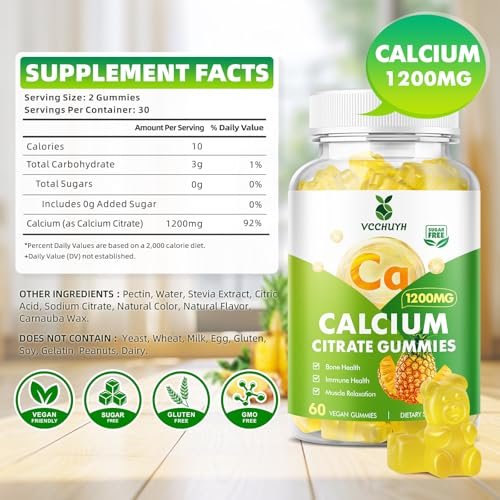VCCHUYH Calcium Citrate Gummies 1200 mg – Zuckerfreie Calcium Gummies für Erwachsene & Kinder, Kauenzyme Calcium Ergänzung für Frauen, Knochen & Immununterstützung, Ananasgeschmack, 60 Stück