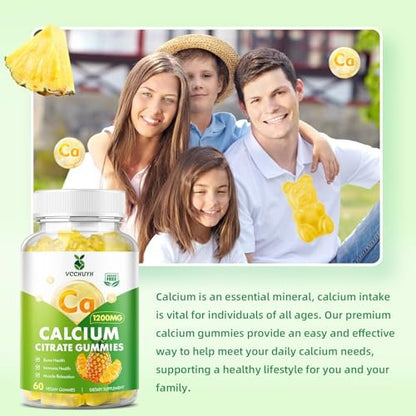 VCCHUYH Calcium Citrate Gummies 1200 mg – Zuckerfreie Calcium Gummies für Erwachsene & Kinder, Kauenzyme Calcium Ergänzung für Frauen, Knochen & Immununterstützung, Ananasgeschmack, 60 Stück