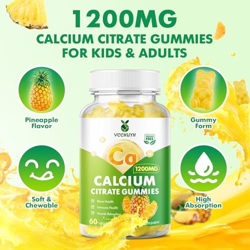 VCCHUYH Calcium Citrate Gummies 1200 mg – Zuckerfreie Calcium Gummies für Erwachsene & Kinder, Kauenzyme Calcium Ergänzung für Frauen, Knochen & Immununterstützung, Ananasgeschmack, 60 Stück