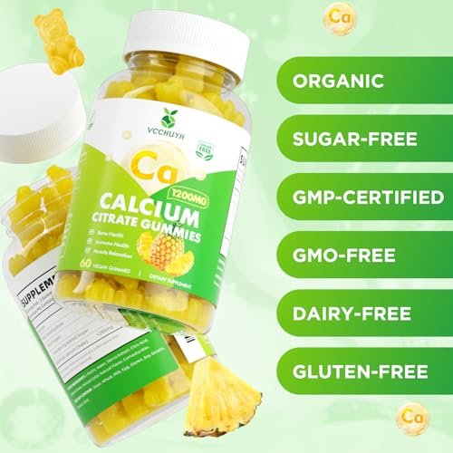 VCCHUYH Calcium Citrate Gummies 1200 mg – Zuckerfreie Calcium Gummies für Erwachsene & Kinder, Kauenzyme Calcium Ergänzung für Frauen, Knochen & Immununterstützung, Ananasgeschmack, 60 Stück