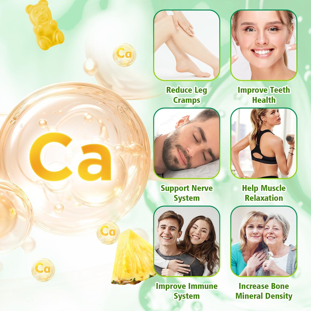 VCCHUYH Calcium Citrate Gummies 1200 mg – Zuckerfreie Calcium Gummies für Erwachsene & Kinder, Kauenzyme Calcium Ergänzung für Frauen, Knochen & Immununterstützung, Ananasgeschmack, 60 Stück