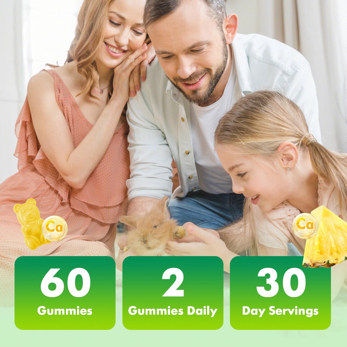 VCCHUYH Calcium Citrate Gummies 1200 mg – Zuckerfreie Calcium Gummies für Erwachsene & Kinder, Kauenzyme Calcium Ergänzung für Frauen, Knochen & Immununterstützung, Ananasgeschmack, 60 Stück
