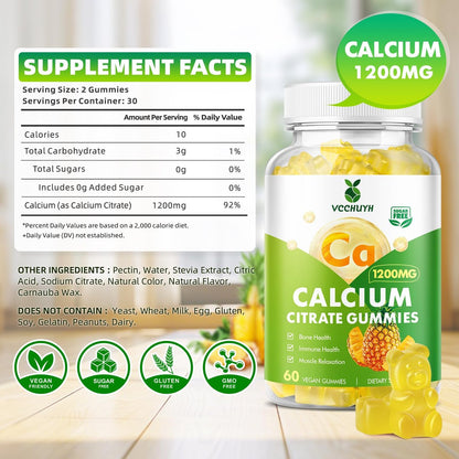 VCCHUYH Calcium Citrate Gummies 1200 mg – Zuckerfreie Calcium Gummies für Erwachsene & Kinder, Kauenzyme Calcium Ergänzung für Frauen, Knochen & Immununterstützung, Ananasgeschmack, 60 Stück