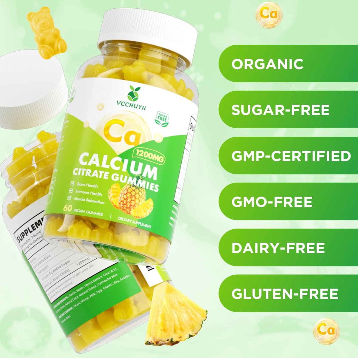 VCCHUYH Calcium Citrate Gummies 1200 mg – Zuckerfreie Calcium Gummies für Erwachsene & Kinder, Kauenzyme Calcium Ergänzung für Frauen, Knochen & Immununterstützung, Ananasgeschmack, 60 Stück