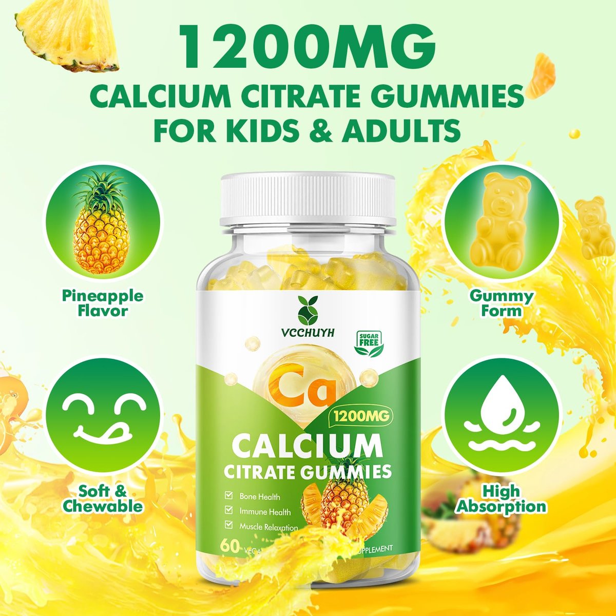 VCCHUYH Calcium Citrate Gummies 1200 mg – Zuckerfreie Calcium Gummies für Erwachsene & Kinder, Kauenzyme Calcium Ergänzung für Frauen, Knochen & Immununterstützung, Ananasgeschmack, 60 Stück