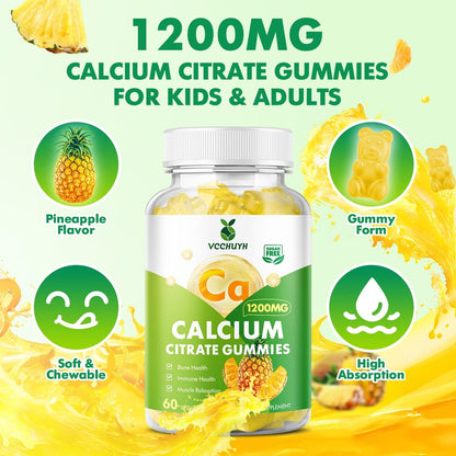 VCCHUYH Calcium Citrate Gummies 1200 mg – Zuckerfreie Calcium Gummies für Erwachsene & Kinder, Kauenzyme Calcium Ergänzung für Frauen, Knochen & Immununterstützung, Ananasgeschmack, 60 Stück